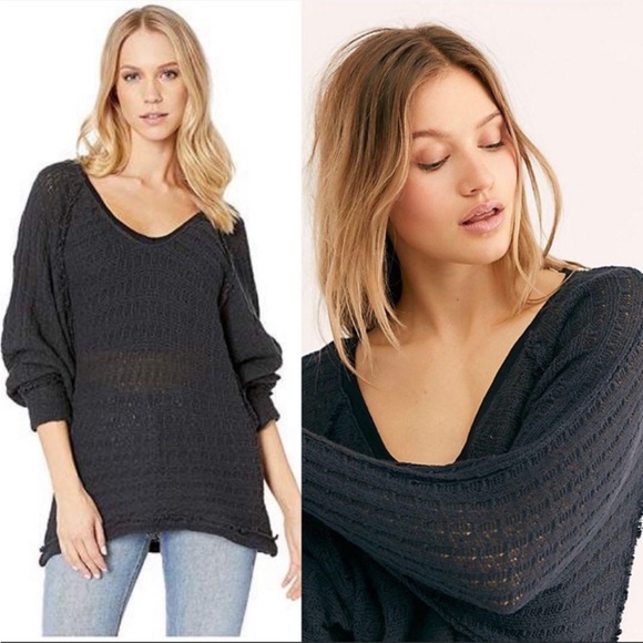 FREE PEOPLE Thien's Hacci Top Drop Shoulder Raw Seams Charcoal Gray Size Large - Picture 3 of 10